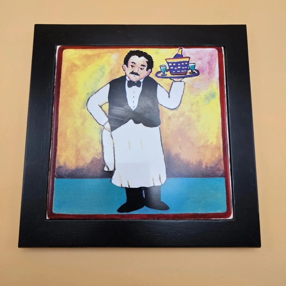 Charming Waiter Serving Tray Tile‎ Art Framed Wall Decor